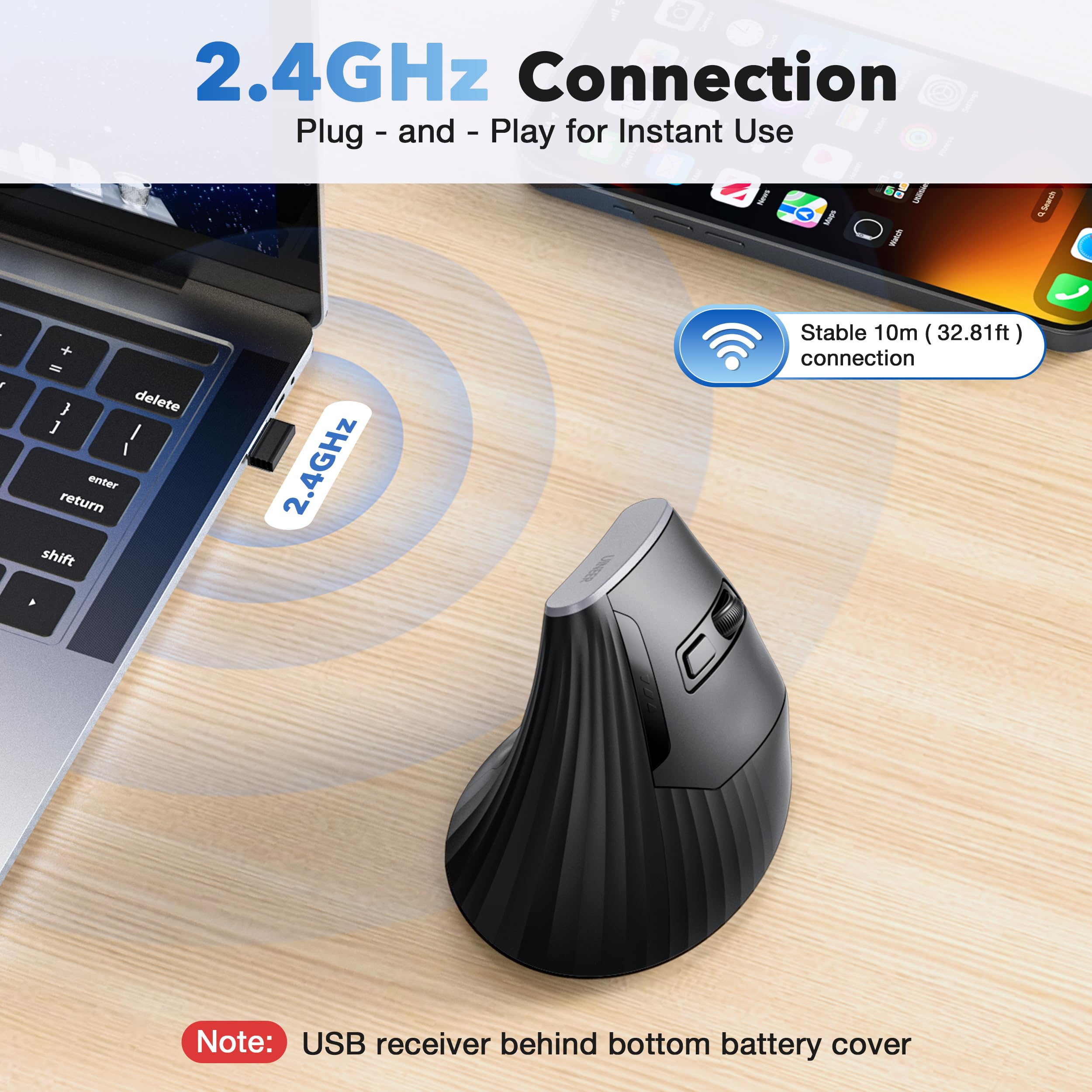 Uineer Vertical Wireless Mouse Black